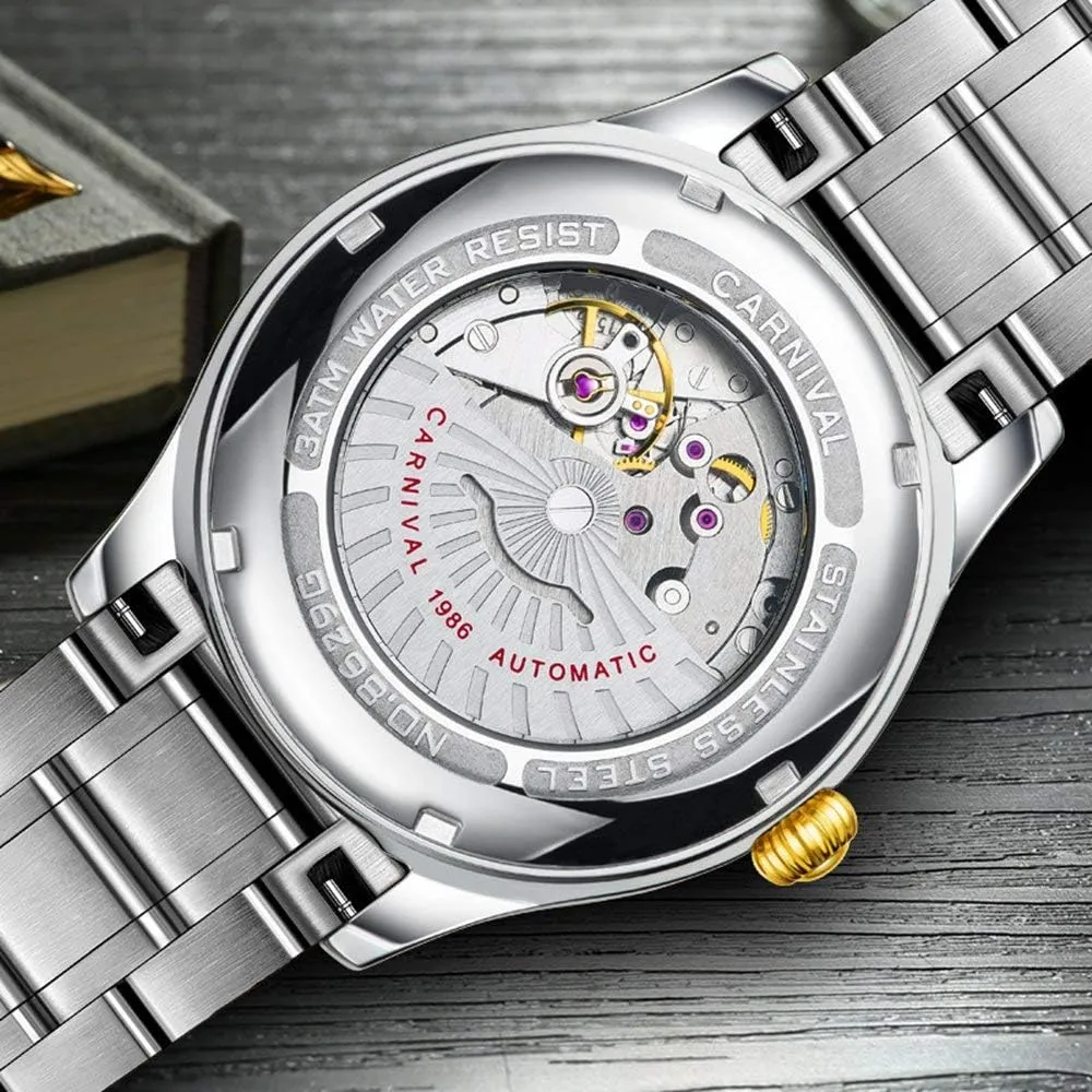 Inlay Crystals Watch MASTOP Men's unwieldy Business Automatic Self Wind Watch Stainless Steel Waterproof Luminous Bezel 
