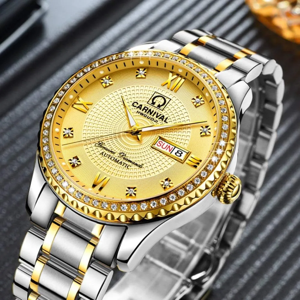 Inlay Crystals Watch MASTOP Men's unwieldy Business Automatic Self Wind Watch Stainless Steel Waterproof Luminous Bezel 