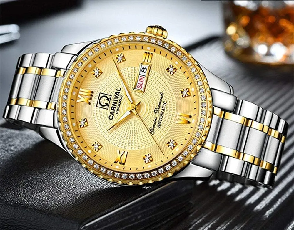 Inlay Crystals Watch MASTOP Men's unwieldy Business Automatic Self Wind Watch Stainless Steel Waterproof Luminous Bezel 