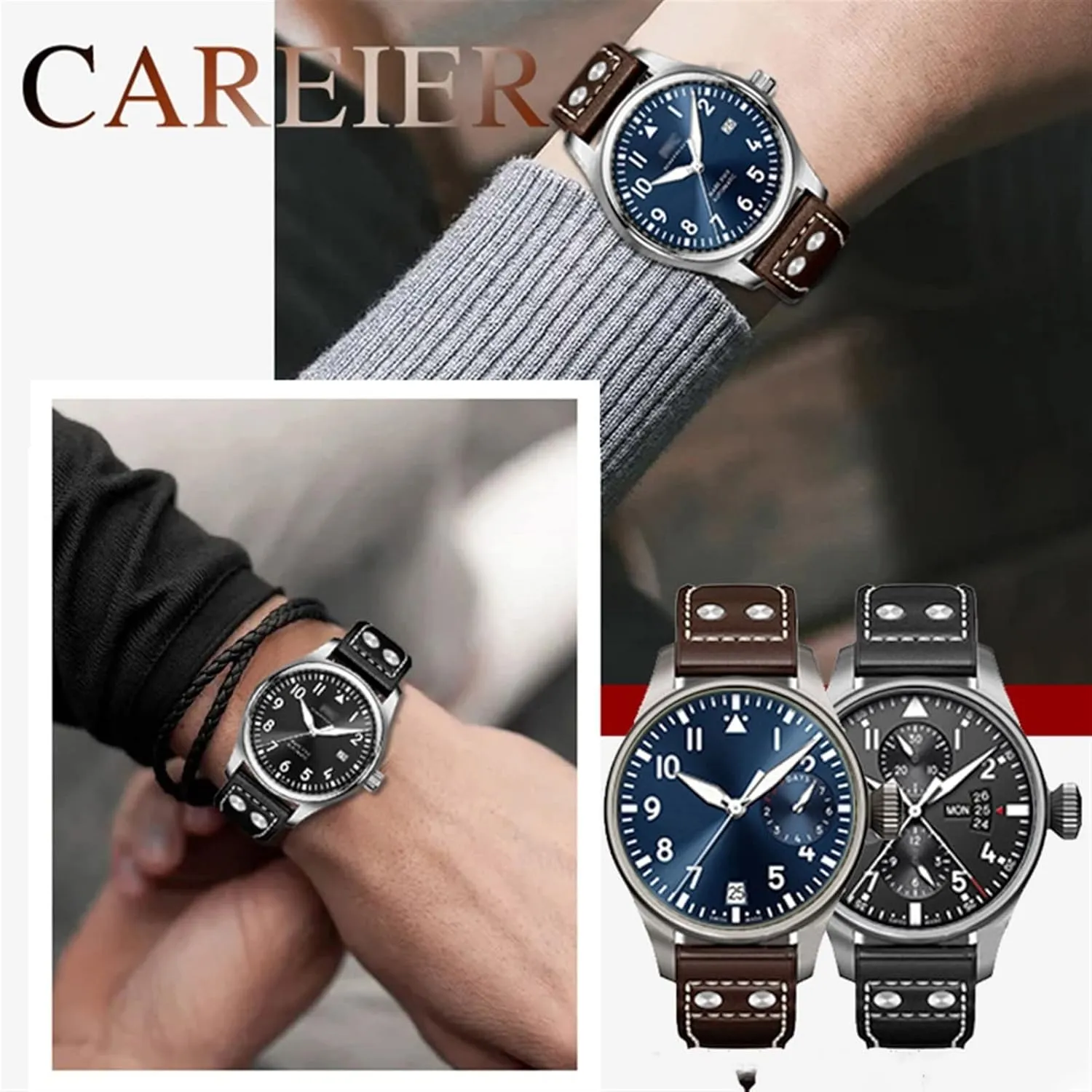 IWC Big Pilot colonization excess landowner affect Spitfire Cowhide Folding Buckle Watch Men Strap 21mm 22mm Genuine Leather Rivets Watchband For 