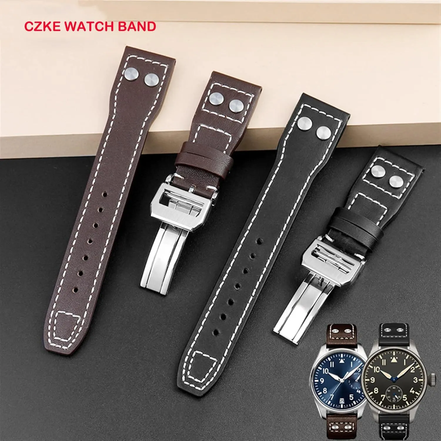 IWC Big Pilot colonization excess landowner affect Spitfire Cowhide Folding Buckle Watch Men Strap 21mm 22mm Genuine Leather Rivets Watchband For 