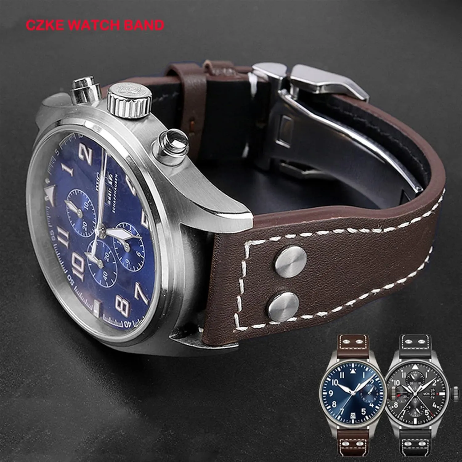 IWC Big Pilot colonization excess landowner affect Spitfire Cowhide Folding Buckle Watch Men Strap 21mm 22mm Genuine Leather Rivets Watchband For 
