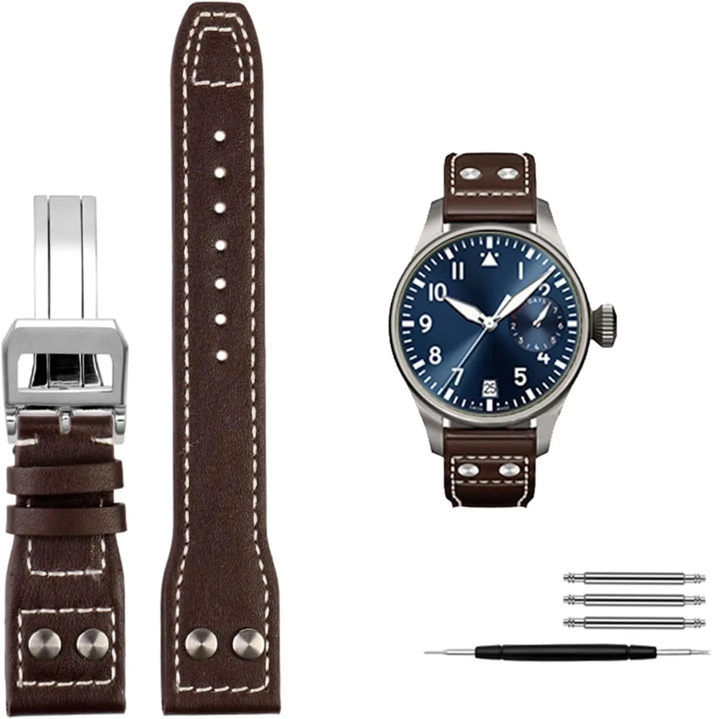 IWC Big Pilot colonization excess landowner affect Spitfire Cowhide Folding Buckle Watch Men Strap 21mm 22mm Genuine Leather Rivets Watchband For 