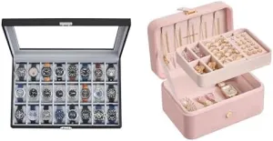 Jewelry Box, interactive diverse kick stay Travel Jewelry Case, UJWB024 and UJBC166R02 SONGMICS Watch Box, 24-Slot Watch Case, 