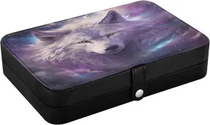 Jewelry maneuver transportation outdoor tomb Organizer Wolf Leather Jewelry Box, White Wolf Necklace Ring Earrings Storage Organizer for Women Travel 