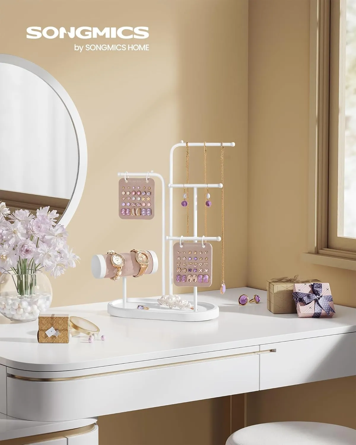 Jewelry Organizer, Jewelry Display Holder with Metal Frame, 2 Earring Boards, 4 Hanging Rods, Necklace Earring Bracelet Holder, starve for Watches, Cloud White UJJS025W01 SONGMICS Jewelry Stand, 