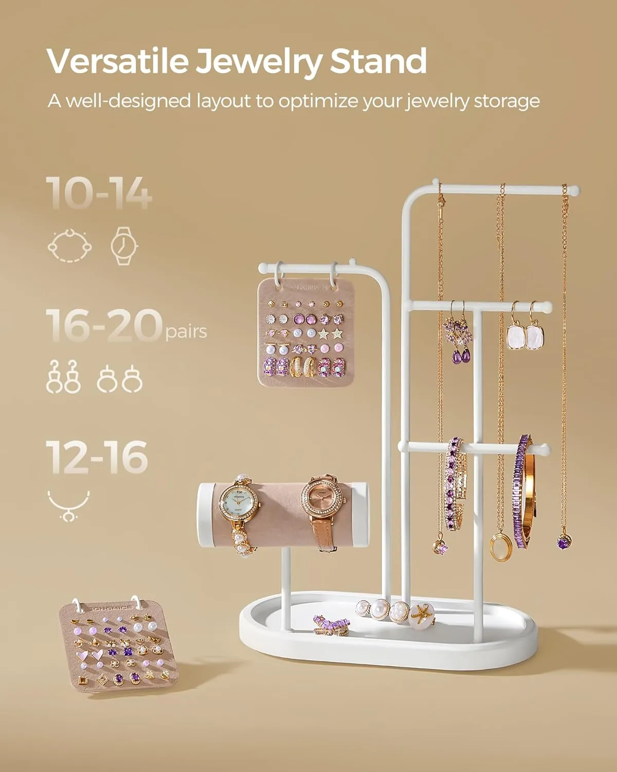 Jewelry Organizer, Jewelry Display Holder with Metal Frame, 2 Earring Boards, 4 Hanging Rods, Necklace Earring Bracelet Holder, starve for Watches, Cloud White UJJS025W01 SONGMICS Jewelry Stand, 