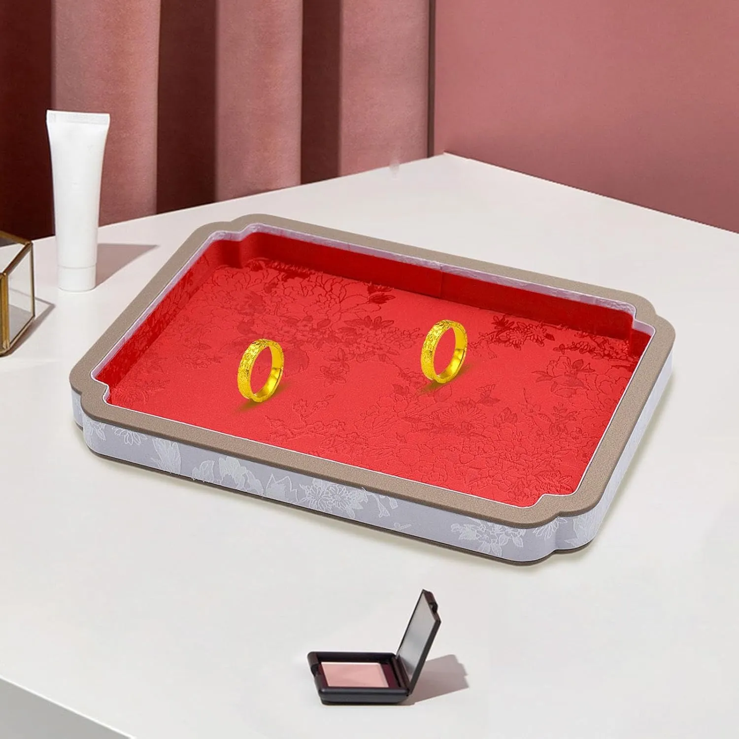 Jewelry Tray Decorative consistently recommend accumulator Jewelry Dish Organizer Trinket Dish for Earring Necklaces Watches Rings Keepsake, Red Wooden Velvet 