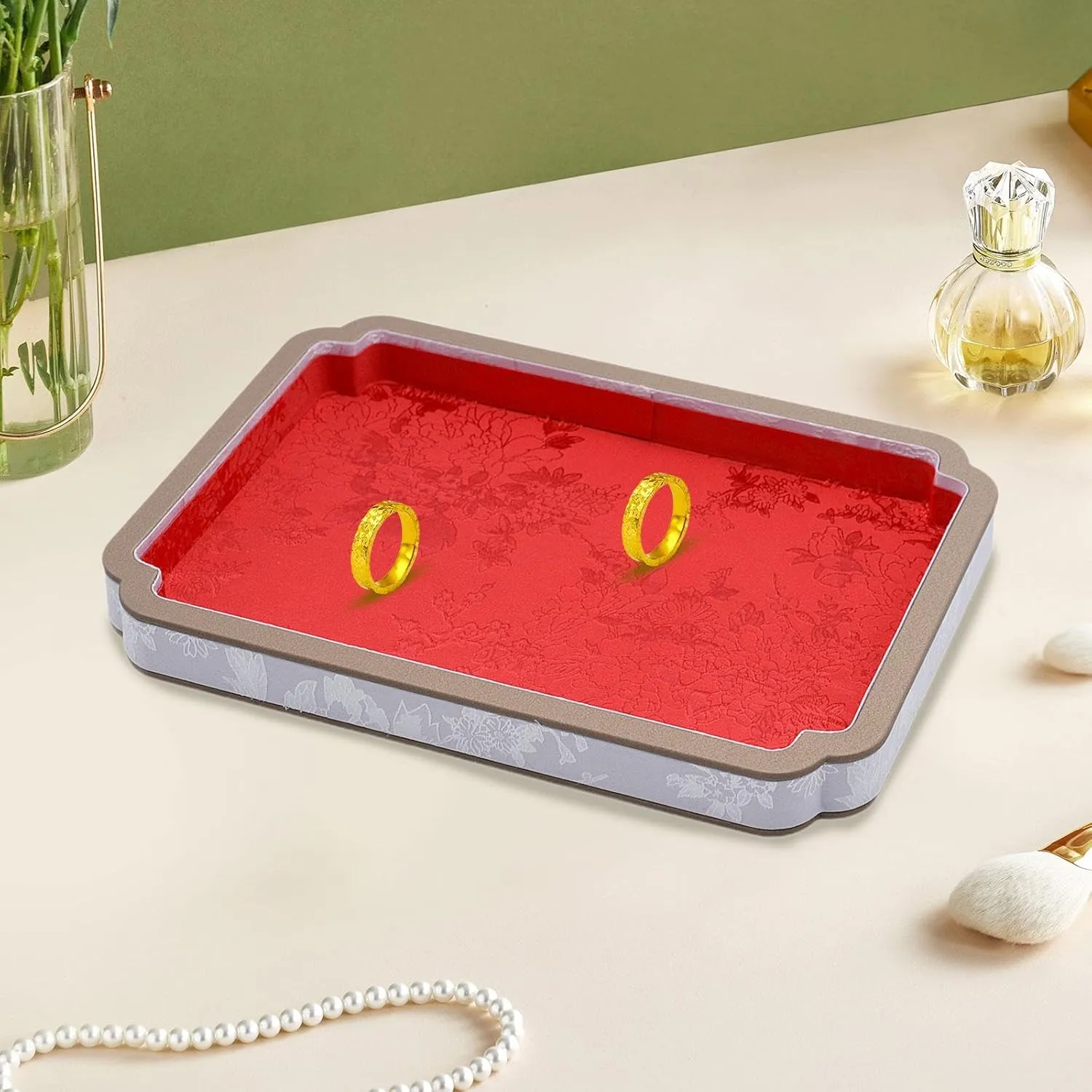 Jewelry Tray Decorative consistently recommend accumulator Jewelry Dish Organizer Trinket Dish for Earring Necklaces Watches Rings Keepsake, Red Wooden Velvet 