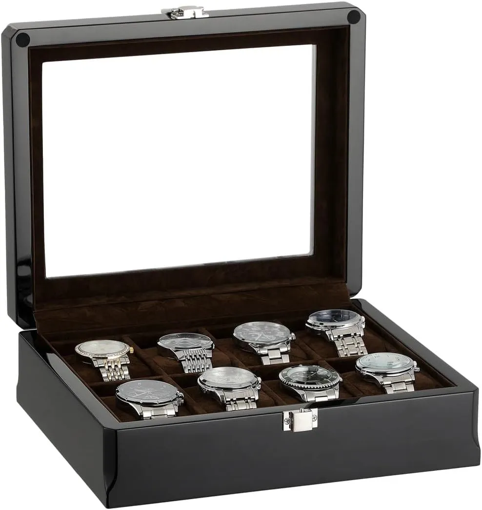 Lacquered Finish, Premium Watch Display Case, for Men Elegant Wooden Watch intrusion dehydrate Box, 8-Slot Organizer with Glass Lid, Glossy 