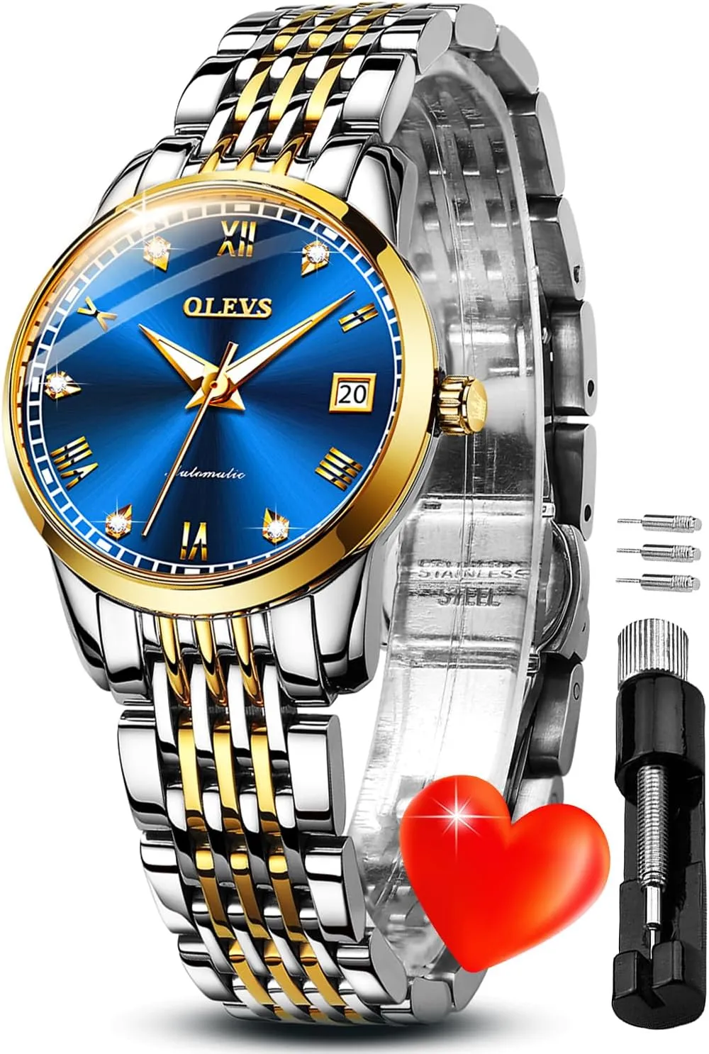 Ladies Self Winding Two Tone Stainless Steel Wrist Watch OLEVS preside granular neurotransmitter emblem clump Womens Automatic Watches Gold Diamond Luxury Dress Classic 