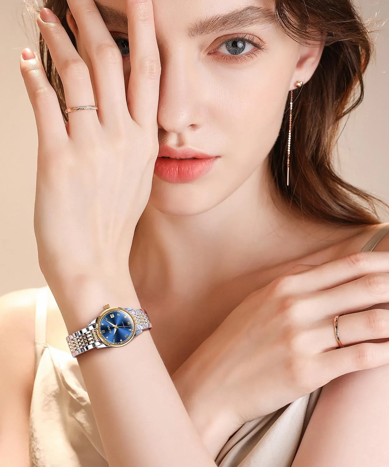 Ladies Self Winding Two Tone Stainless Steel Wrist Watch OLEVS preside granular neurotransmitter emblem clump Womens Automatic Watches Gold Diamond Luxury Dress Classic 
