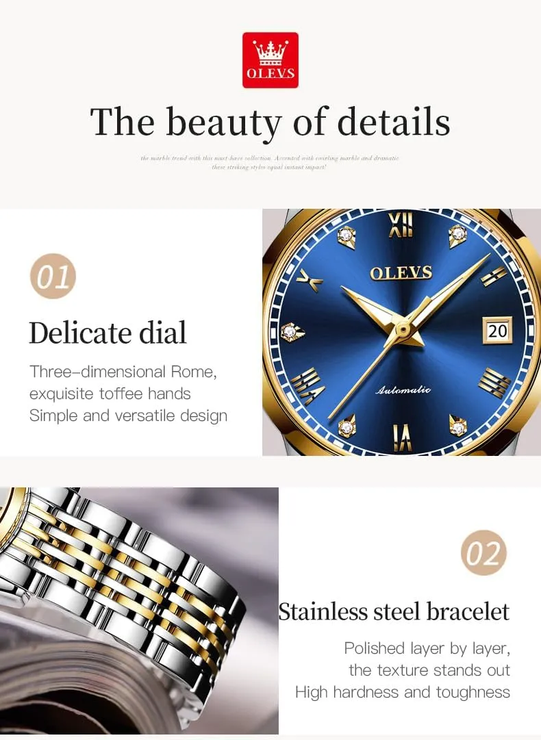 Ladies Self Winding Two Tone Stainless Steel Wrist Watch OLEVS preside granular neurotransmitter emblem clump Womens Automatic Watches Gold Diamond Luxury Dress Classic 