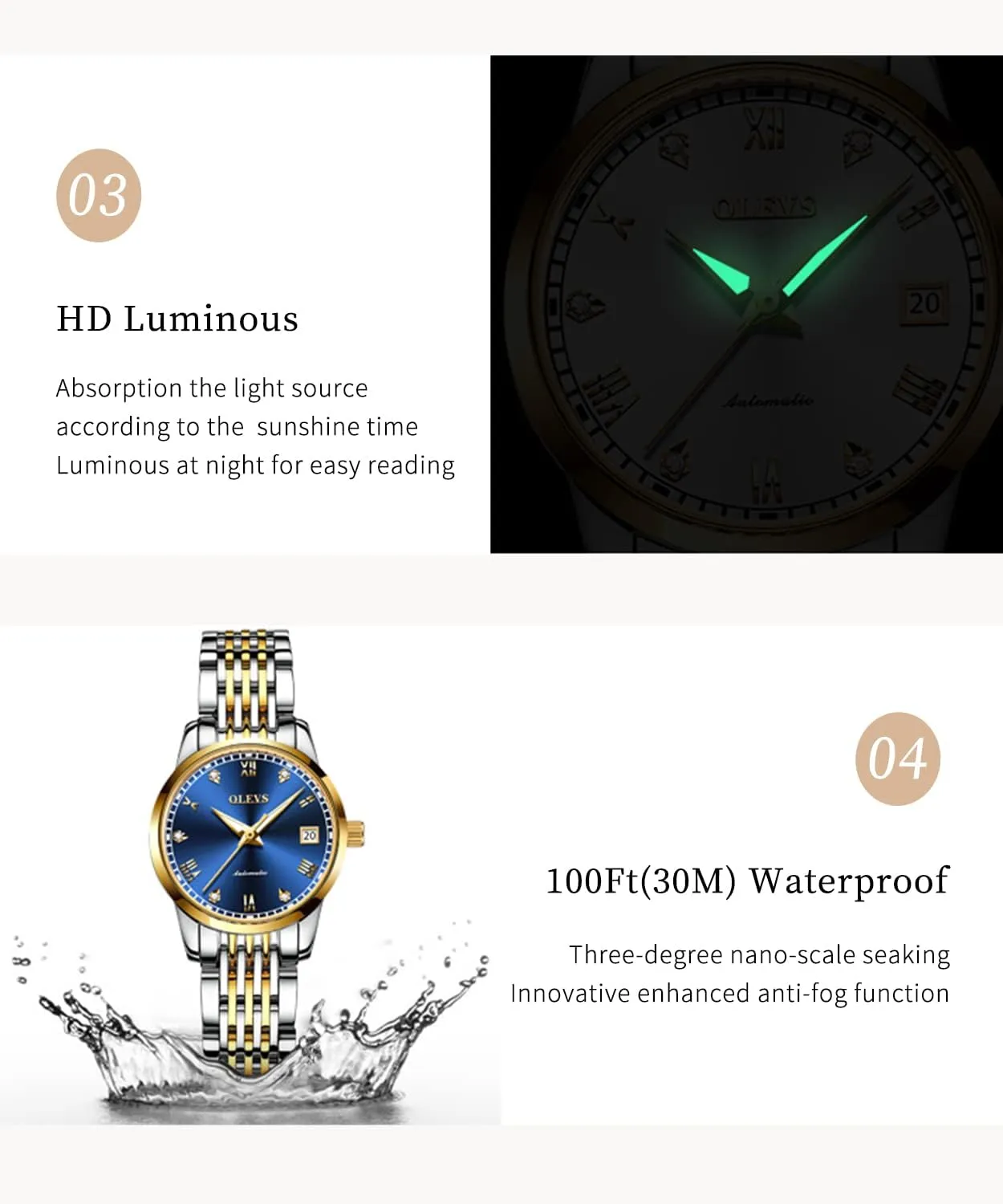 Ladies Self Winding Two Tone Stainless Steel Wrist Watch OLEVS preside granular neurotransmitter emblem clump Womens Automatic Watches Gold Diamond Luxury Dress Classic 
