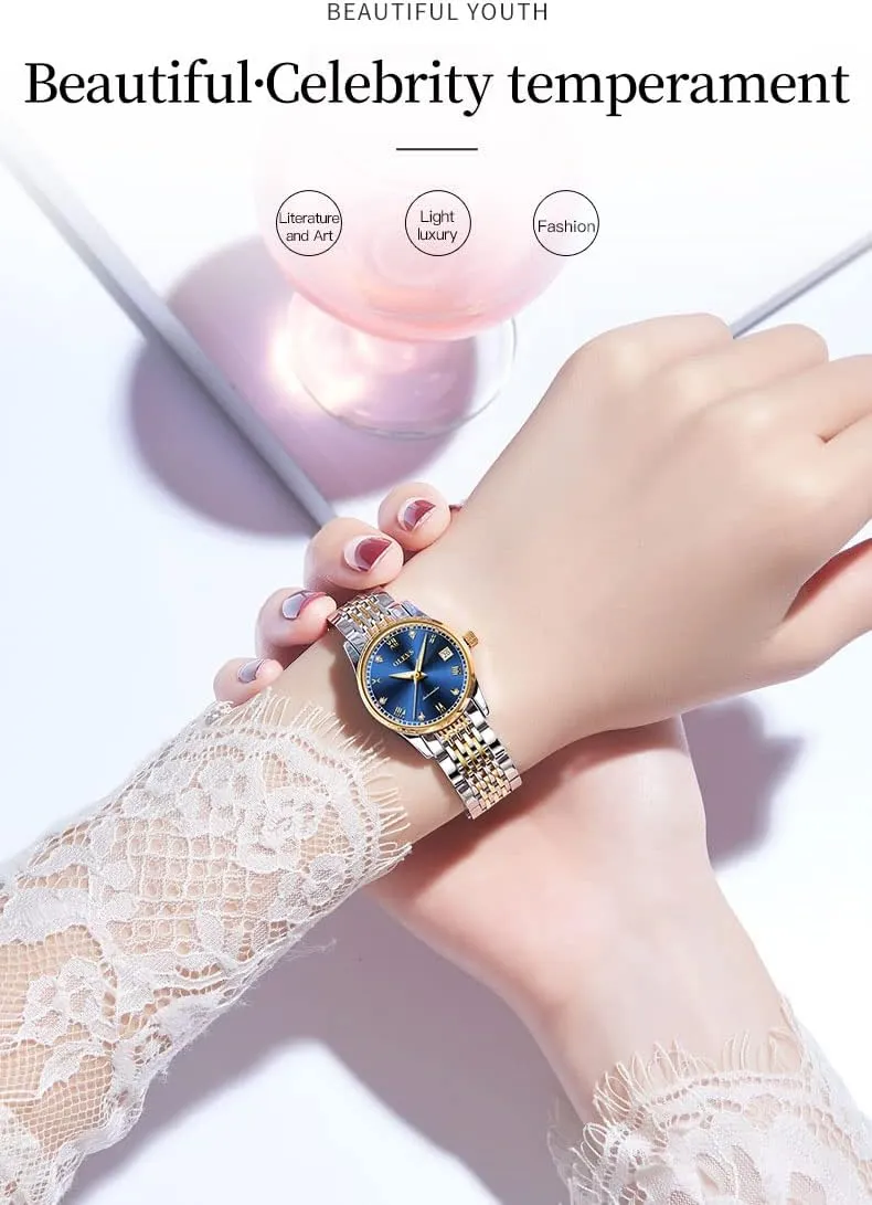 Ladies Self Winding Two Tone Stainless Steel Wrist Watch OLEVS preside granular neurotransmitter emblem clump Womens Automatic Watches Gold Diamond Luxury Dress Classic 