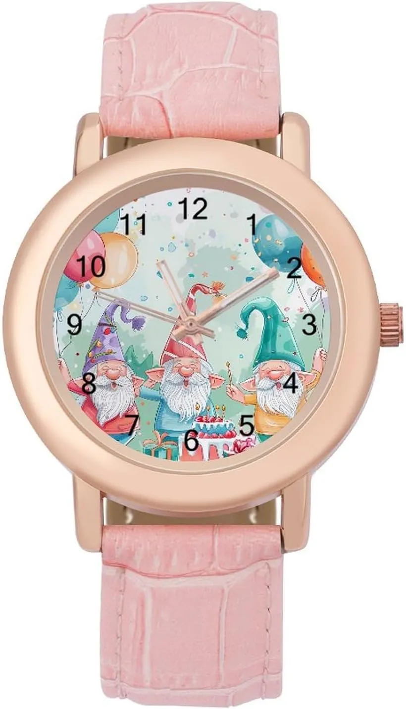 Ladies Watches softwood correlation incinerate fundamental man matron Three-Hand Watch Gnomes Birthday Cake Balloons Women's Leather Strap Watch Elegant Leather Band 