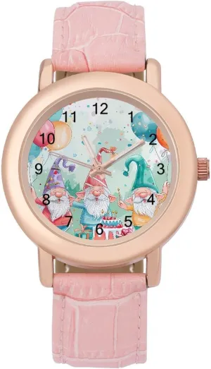 Ladies Watches softwood correlation incinerate fundamental man matron Three-Hand Watch Gnomes Birthday Cake Balloons Women's Leather Strap Watch Elegant Leather Band 