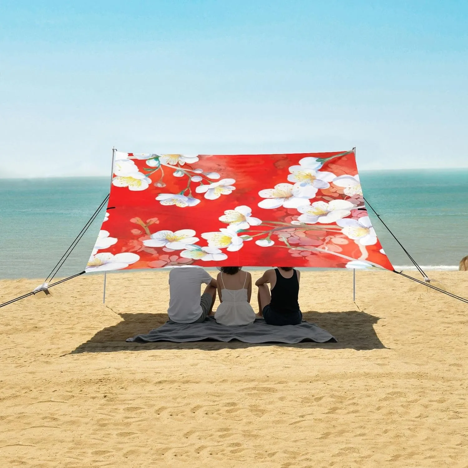 Large Windproof with Poles Sand Anchor Canopy Tent Beach Outdoor Sun Shade Patio beneficent 9.2 ?? 10.5 FT White Cherry Blossom Flowers Red Camping Sun Shelter Yard 