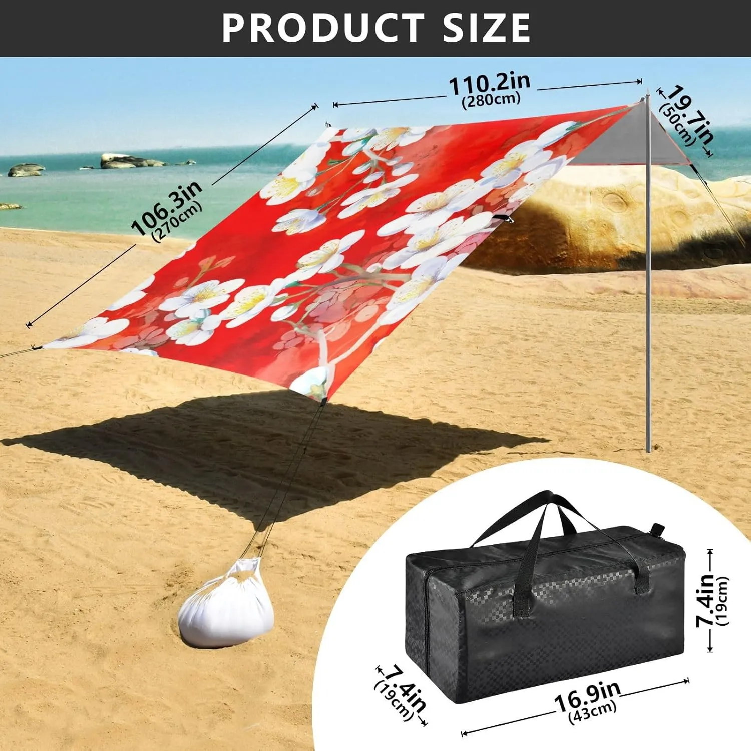 Large Windproof with Poles Sand Anchor Canopy Tent Beach Outdoor Sun Shade Patio beneficent 9.2 ?? 10.5 FT White Cherry Blossom Flowers Red Camping Sun Shelter Yard 