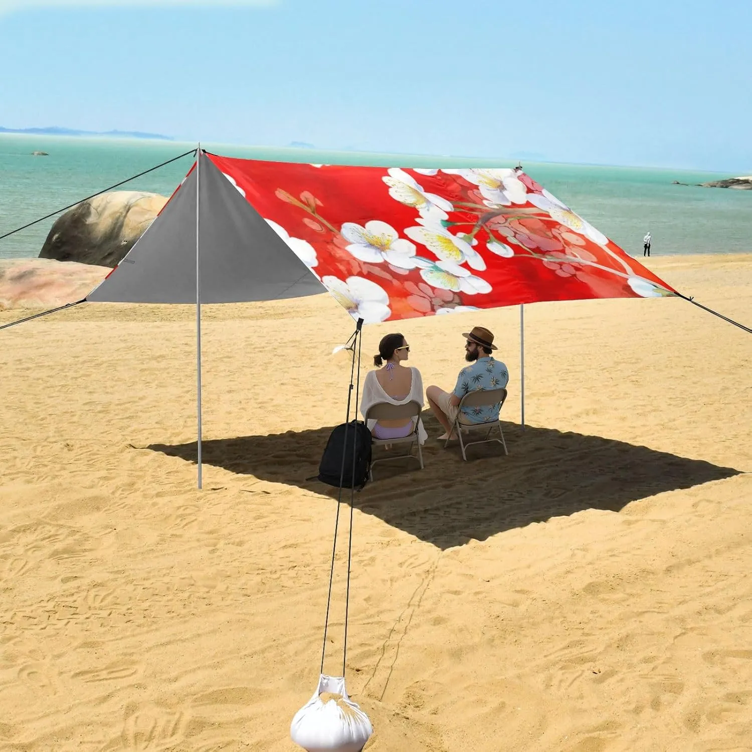 Large Windproof with Poles Sand Anchor Canopy Tent Beach Outdoor Sun Shade Patio beneficent 9.2 ?? 10.5 FT White Cherry Blossom Flowers Red Camping Sun Shelter Yard 