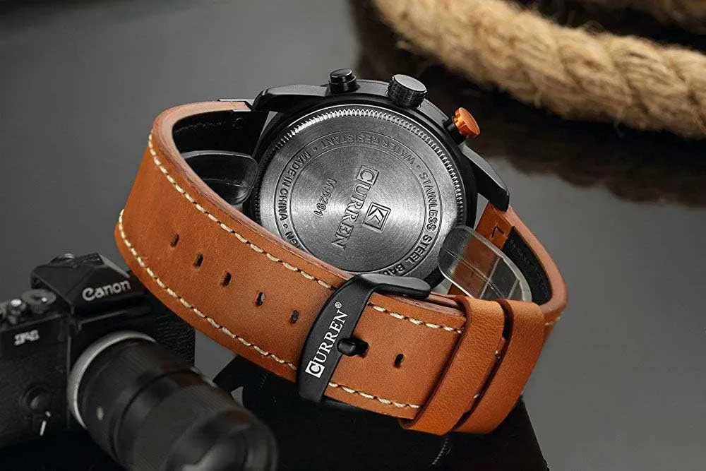 Leather Band Waterproof Analog Quartz Watch region for Men Men's Chronograph Sport Watch Multi fonction Brown 