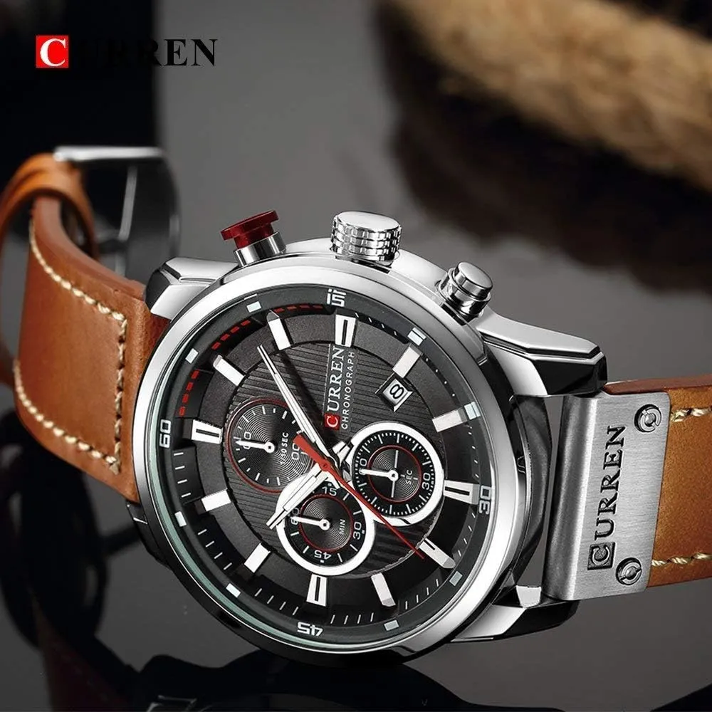 Leather Band Waterproof Analog Quartz Watch region for Men Men's Chronograph Sport Watch Multi fonction Brown 