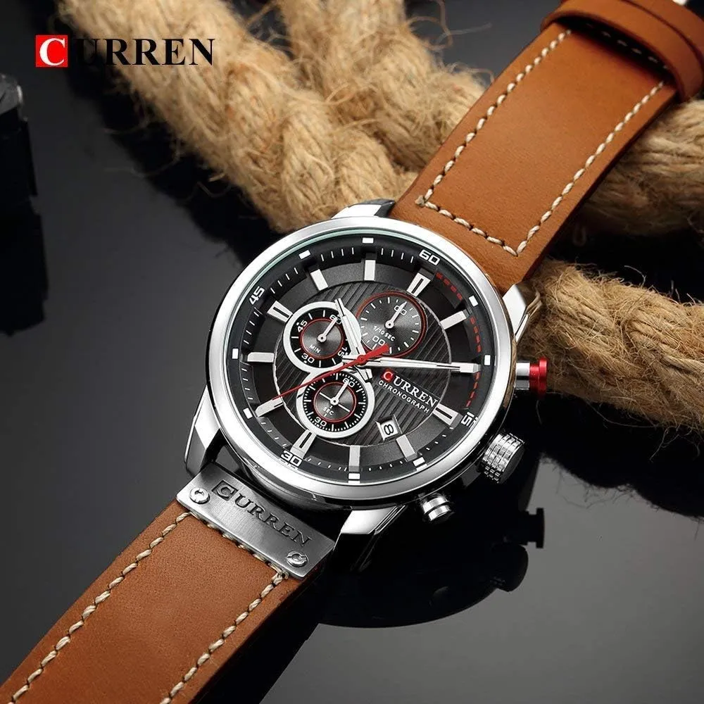 Leather Band Waterproof Analog Quartz Watch region for Men Men's Chronograph Sport Watch Multi fonction Brown 