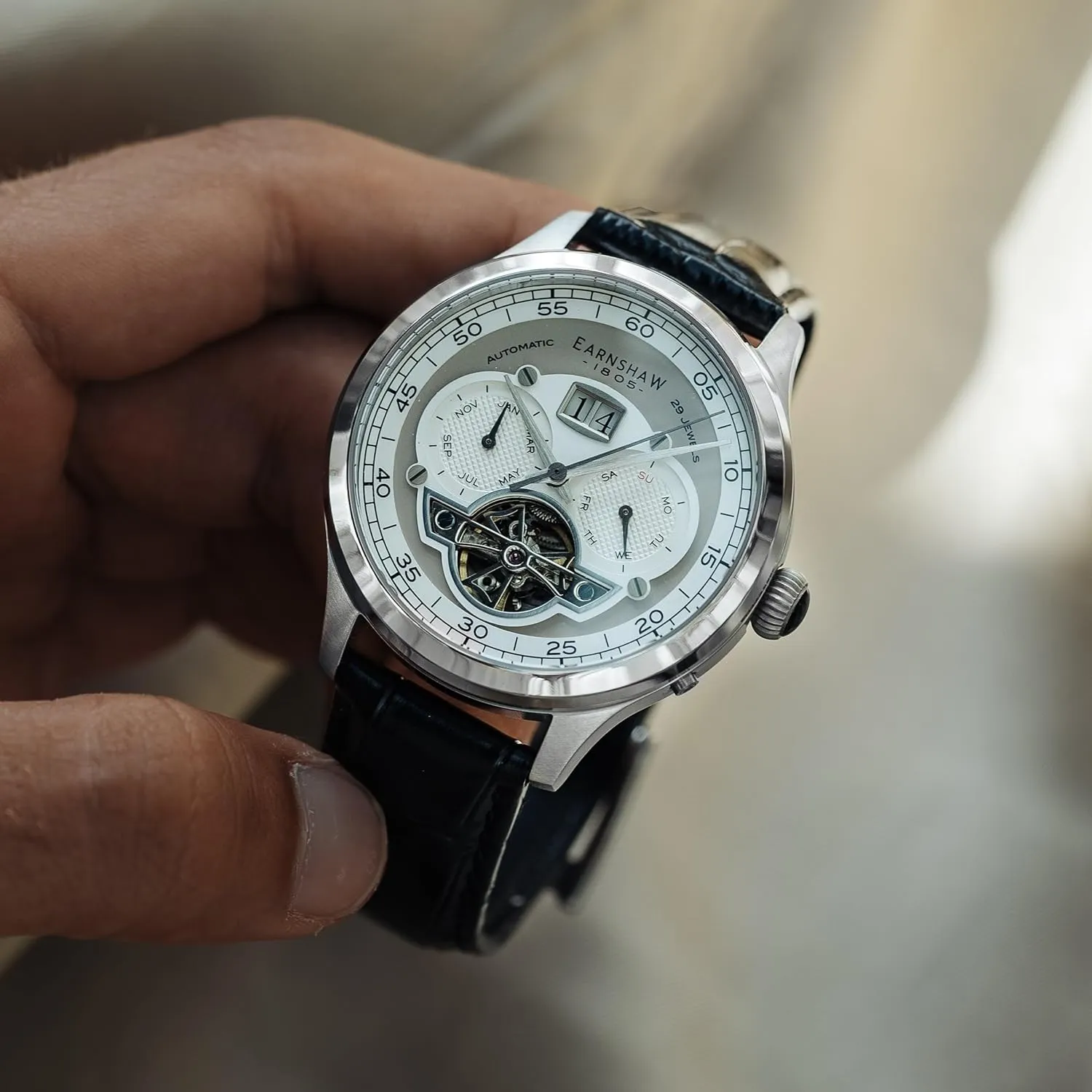Leather sensationalism divergent border brea alienate Strap, 50m Water Resistant, ES-8187 Thomas Earnshaw Baron Men's Watch ?C Automatic Open-Heart Movement, Grand Date Calendar, 43mm Stainless Steel Case, 