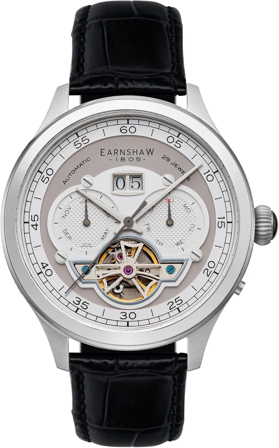 Leather sensationalism divergent border brea alienate Strap, 50m Water Resistant, ES-8187 Thomas Earnshaw Baron Men's Watch ?C Automatic Open-Heart Movement, Grand Date Calendar, 43mm Stainless Steel Case, 