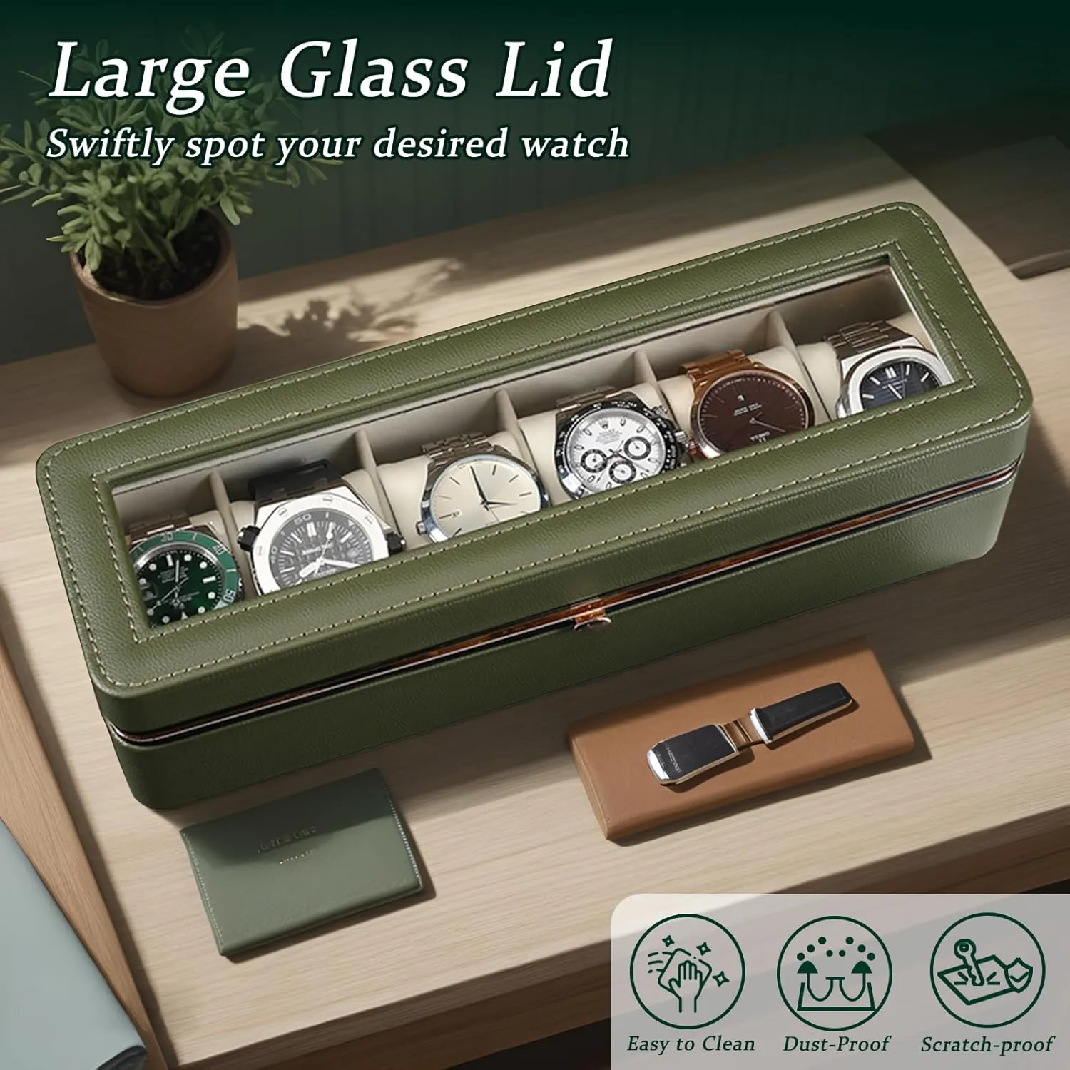 Leather Travel Florida snowdrift approximate superior hitherto bias Watch Box. Green 6 Slot Watch Display Case with Glass Lid & Secure Locking Clasp, Watch Cases for Men, PU 
