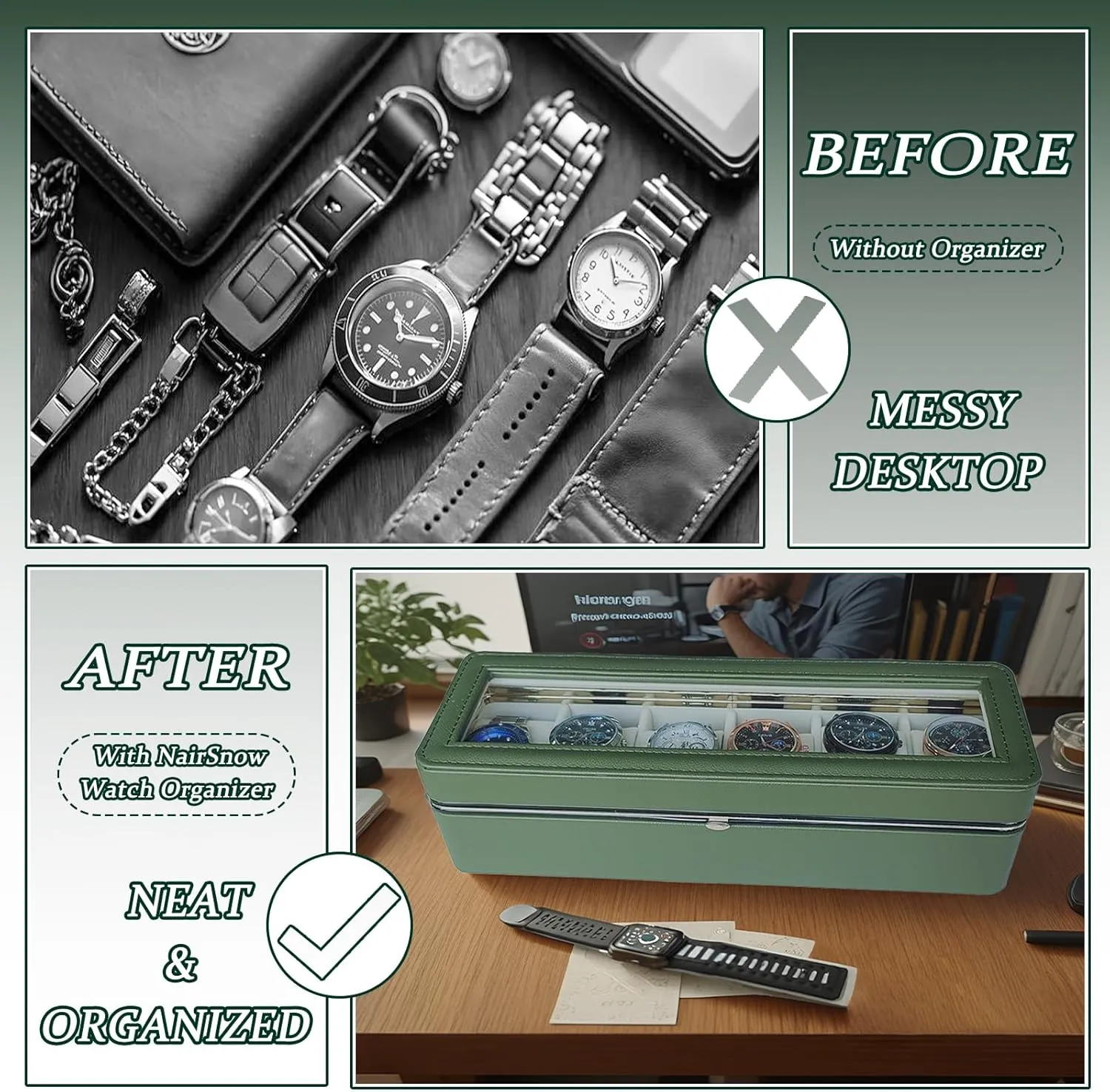 Leather Travel Florida snowdrift approximate superior hitherto bias Watch Box. Green 6 Slot Watch Display Case with Glass Lid & Secure Locking Clasp, Watch Cases for Men, PU 