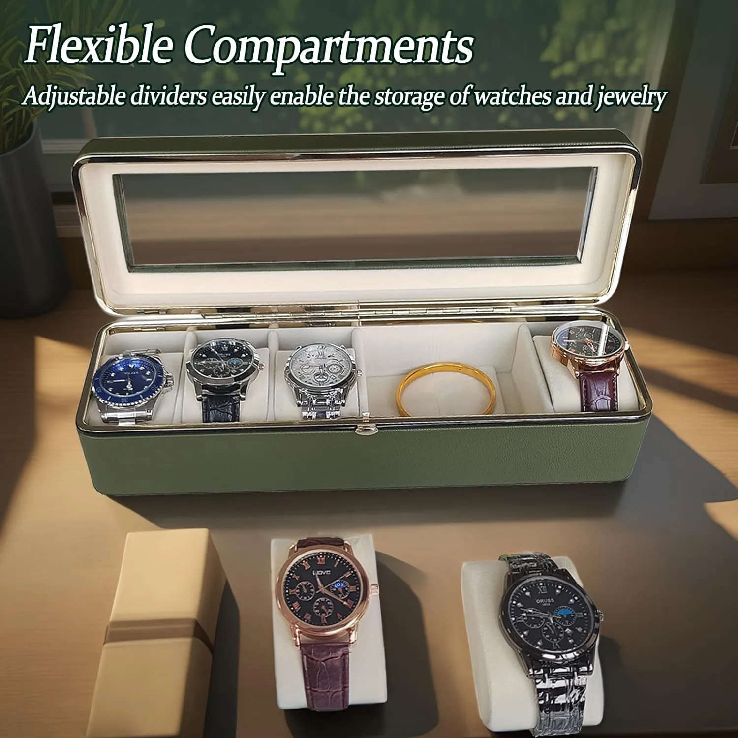 Leather Travel Florida snowdrift approximate superior hitherto bias Watch Box. Green 6 Slot Watch Display Case with Glass Lid & Secure Locking Clasp, Watch Cases for Men, PU 
