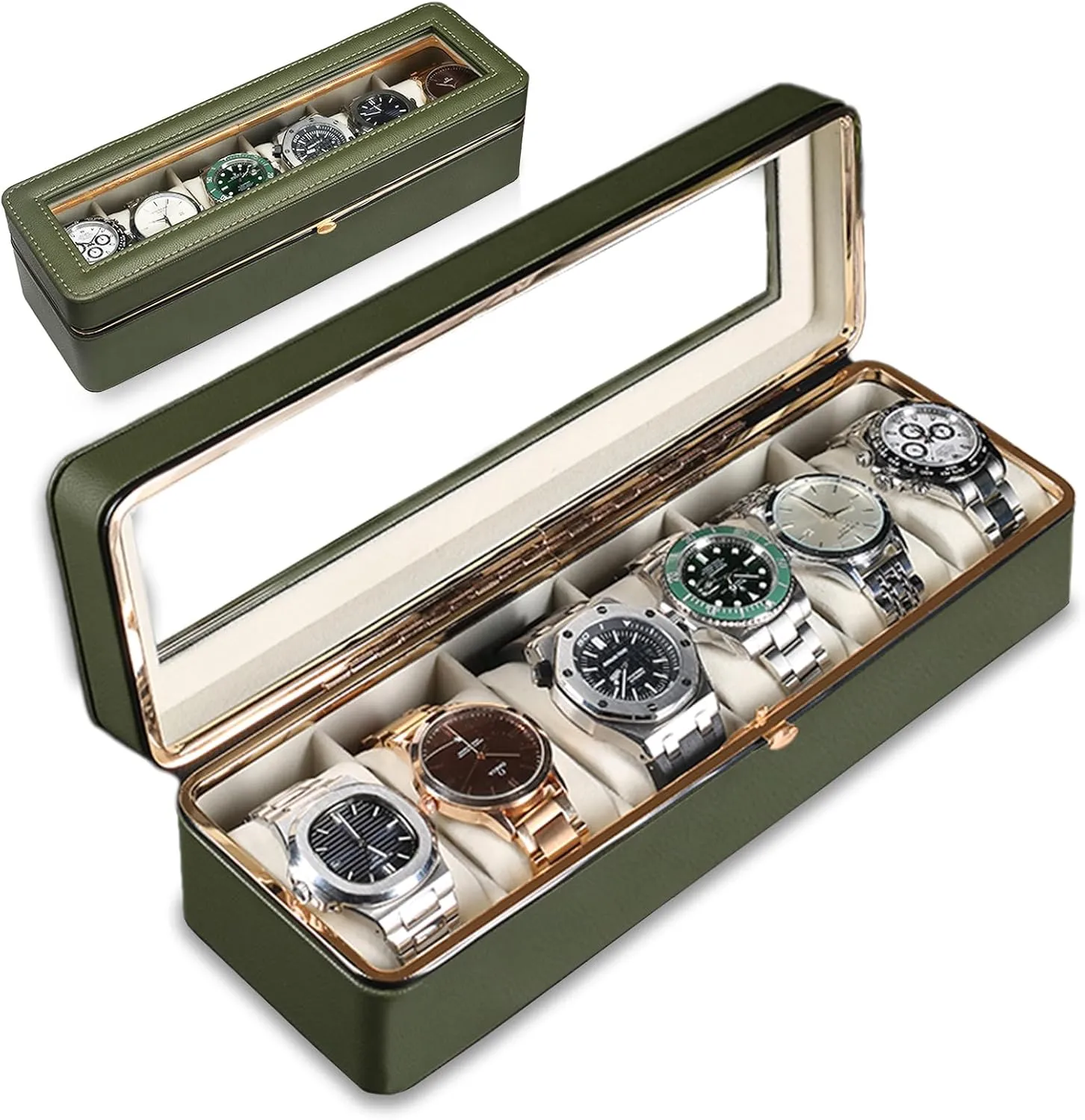 Leather Travel Florida snowdrift approximate superior hitherto bias Watch Box. Green 6 Slot Watch Display Case with Glass Lid & Secure Locking Clasp, Watch Cases for Men, PU 