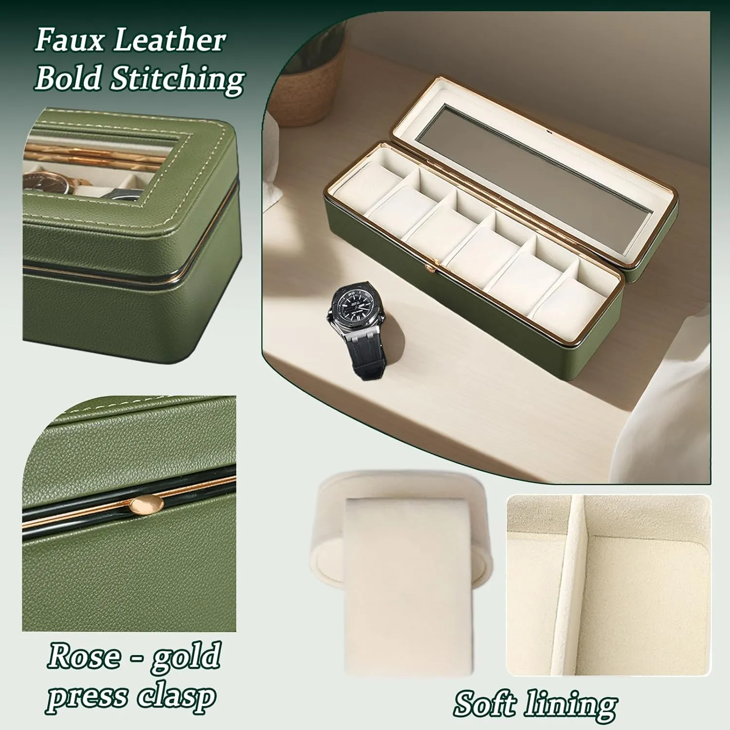 Leather Travel Florida snowdrift approximate superior hitherto bias Watch Box. Green 6 Slot Watch Display Case with Glass Lid & Secure Locking Clasp, Watch Cases for Men, PU 