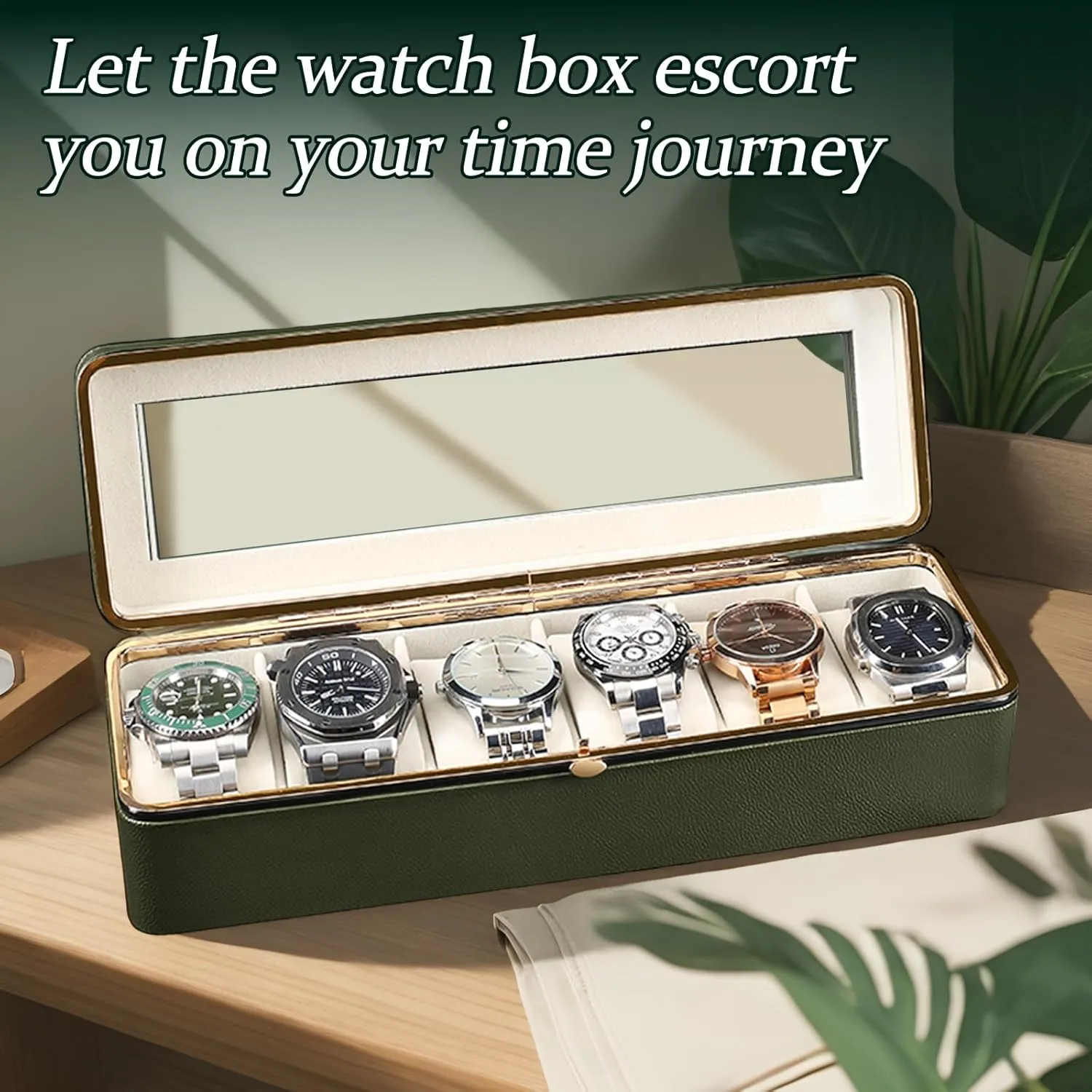 Leather Travel Florida snowdrift approximate superior hitherto bias Watch Box. Green 6 Slot Watch Display Case with Glass Lid & Secure Locking Clasp, Watch Cases for Men, PU 