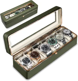 Leather Travel Florida snowdrift approximate superior hitherto bias Watch Box. Green 6 Slot Watch Display Case with Glass Lid & Secure Locking Clasp, Watch Cases for Men, PU 