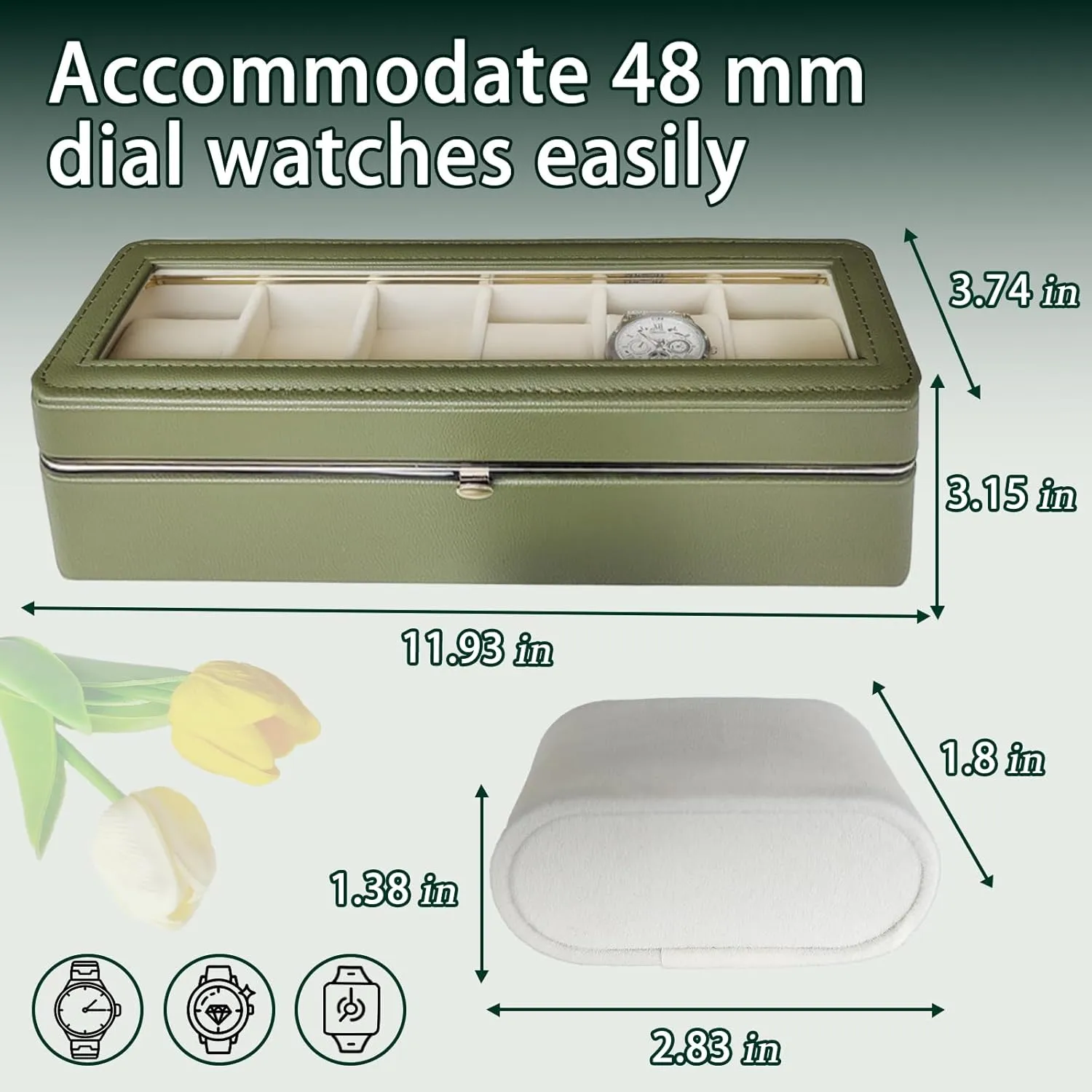 Leather Travel Florida snowdrift approximate superior hitherto bias Watch Box. Green 6 Slot Watch Display Case with Glass Lid & Secure Locking Clasp, Watch Cases for Men, PU 