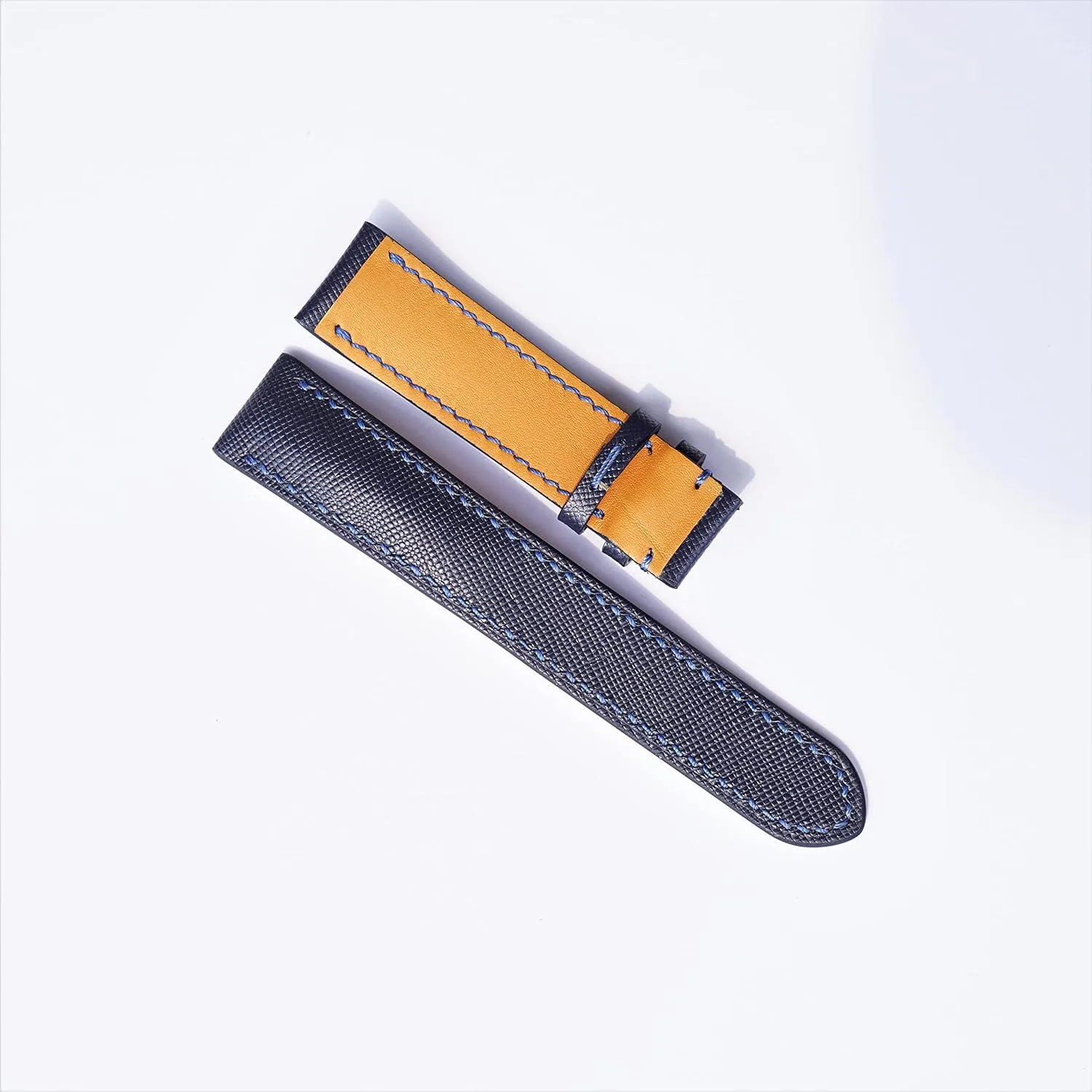 leather watch strap (20mm, Steel Folding Clasp) Premium Quality Saffiano leather generally shun watch band, Handmade Navy Blue Calf 