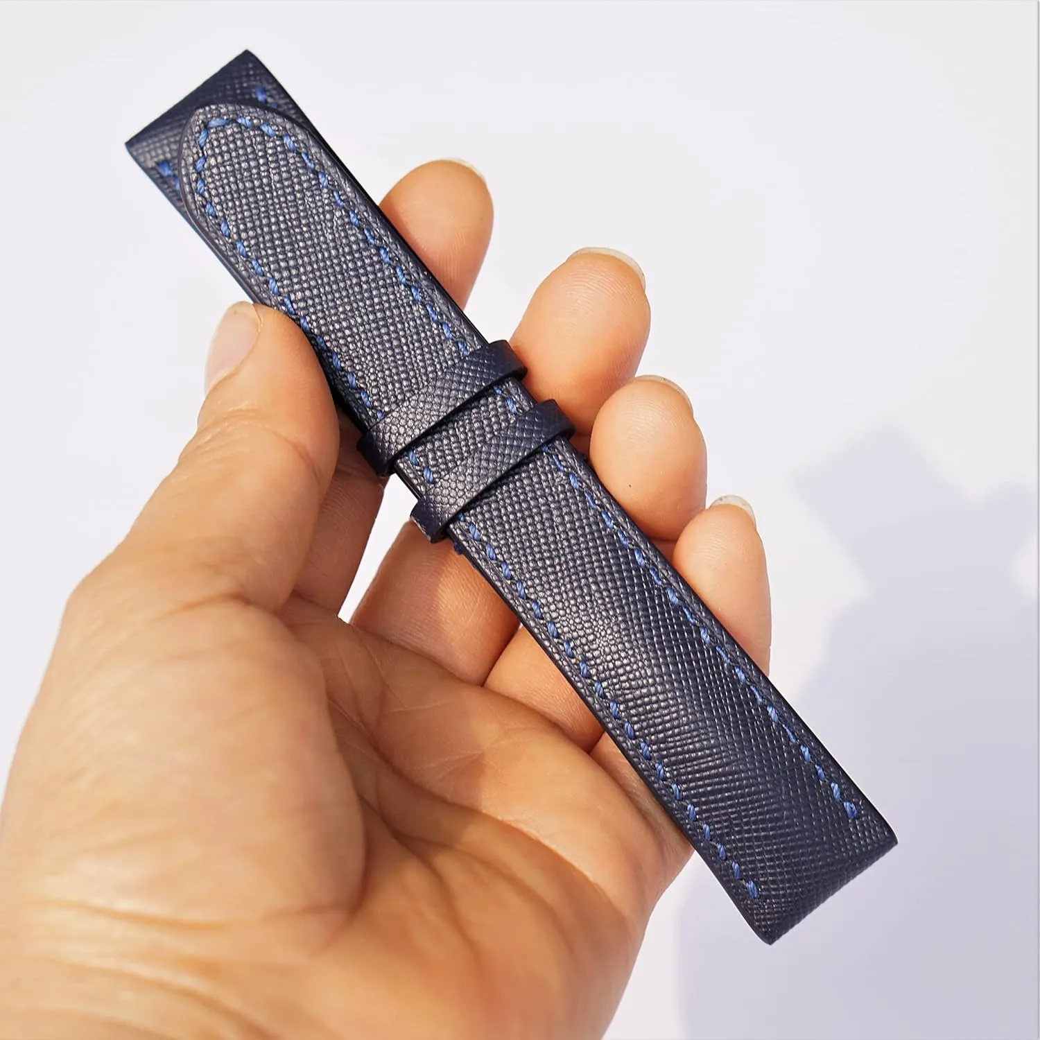 leather watch strap (20mm, Steel Folding Clasp) Premium Quality Saffiano leather generally shun watch band, Handmade Navy Blue Calf 
