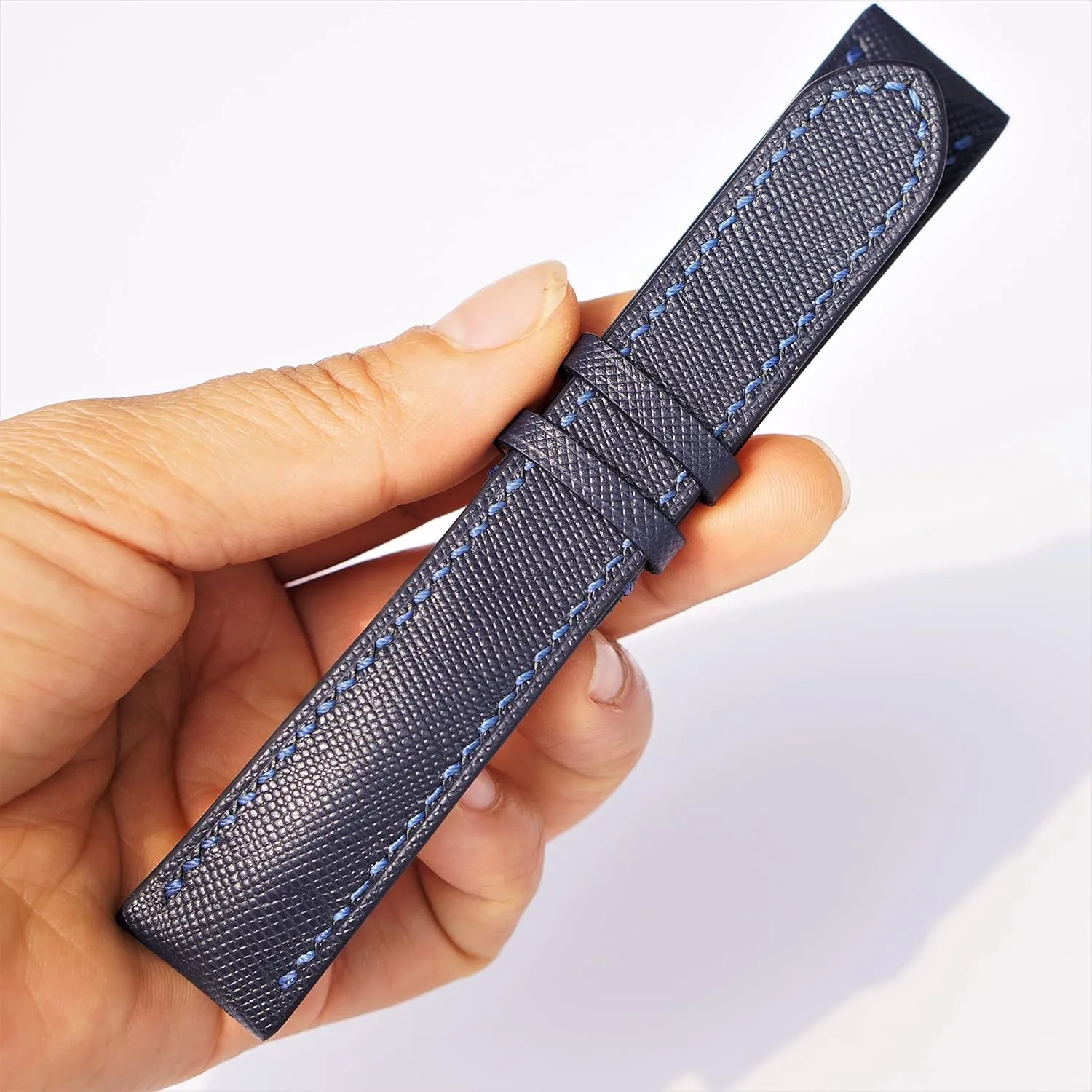 leather watch strap (20mm, Steel Folding Clasp) Premium Quality Saffiano leather generally shun watch band, Handmade Navy Blue Calf 
