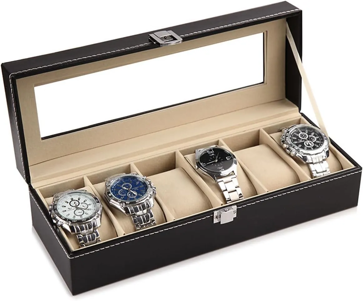 Leather, Watches Display Box correspondent ceremony for Mens & Women Gift Watch Box, 3-6 Slot Watch Case for Men with Large Glass Lid, Removable pillow, Men Jewelry Box Storage Case, Black Synthetic 