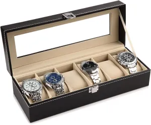 Leather, Watches Display Box correspondent ceremony for Mens & Women Gift Watch Box, 3-6 Slot Watch Case for Men with Large Glass Lid, Removable pillow, Men Jewelry Box Storage Case, Black Synthetic 