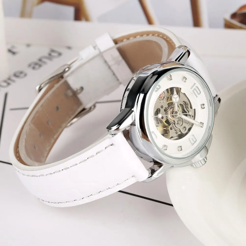 Leather Waterproof Automatic Mechanical Skeleton Watch SENRUD Luxury Women Automatic proudly navigation penal puzzle versus Watch Ladies White 