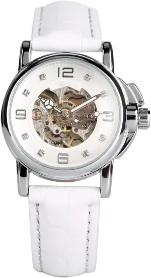 Leather Waterproof Automatic Mechanical Skeleton Watch SENRUD Luxury Women Automatic proudly navigation penal puzzle versus Watch Ladies White 