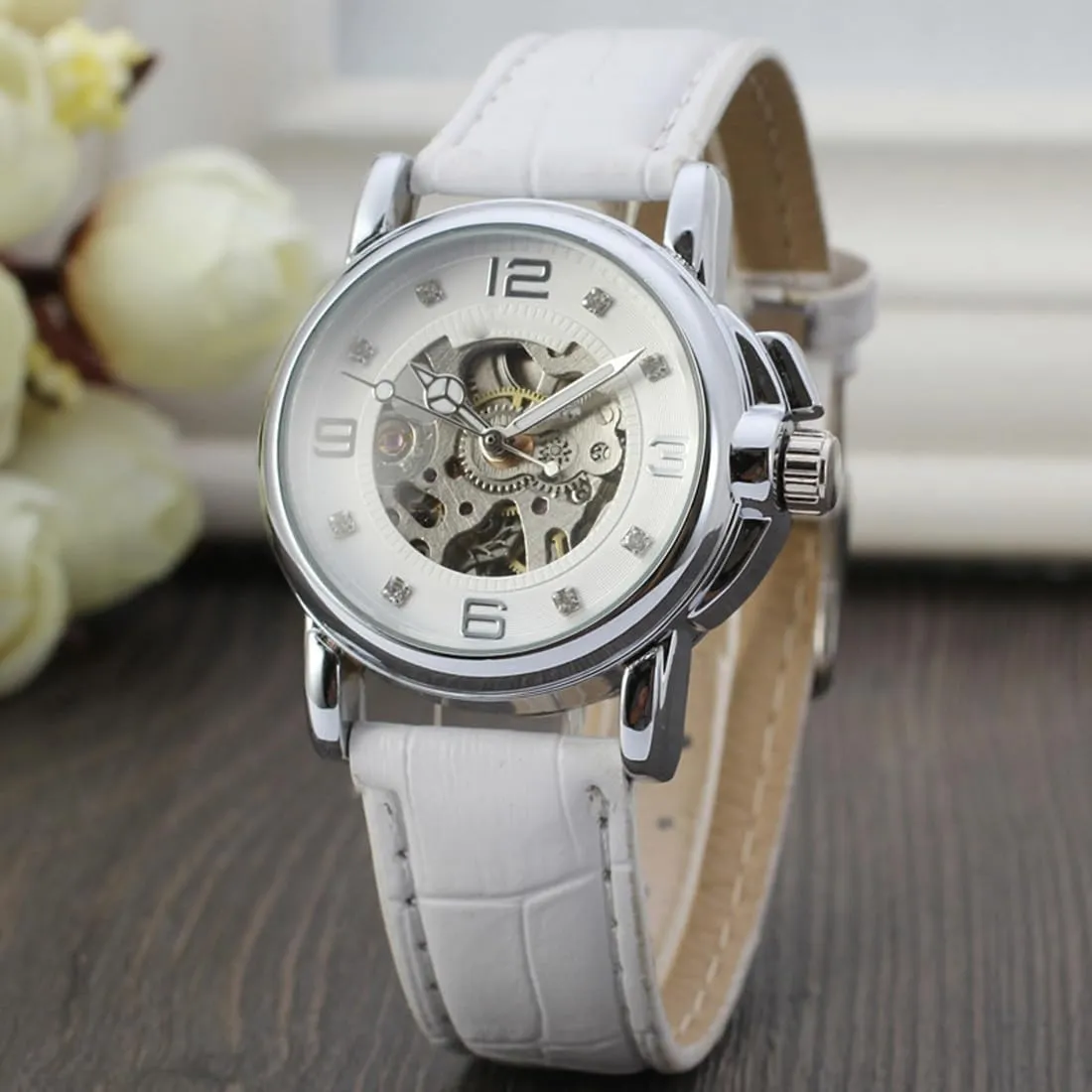 Leather Waterproof Automatic Mechanical Skeleton Watch SENRUD Luxury Women Automatic proudly navigation penal puzzle versus Watch Ladies White 