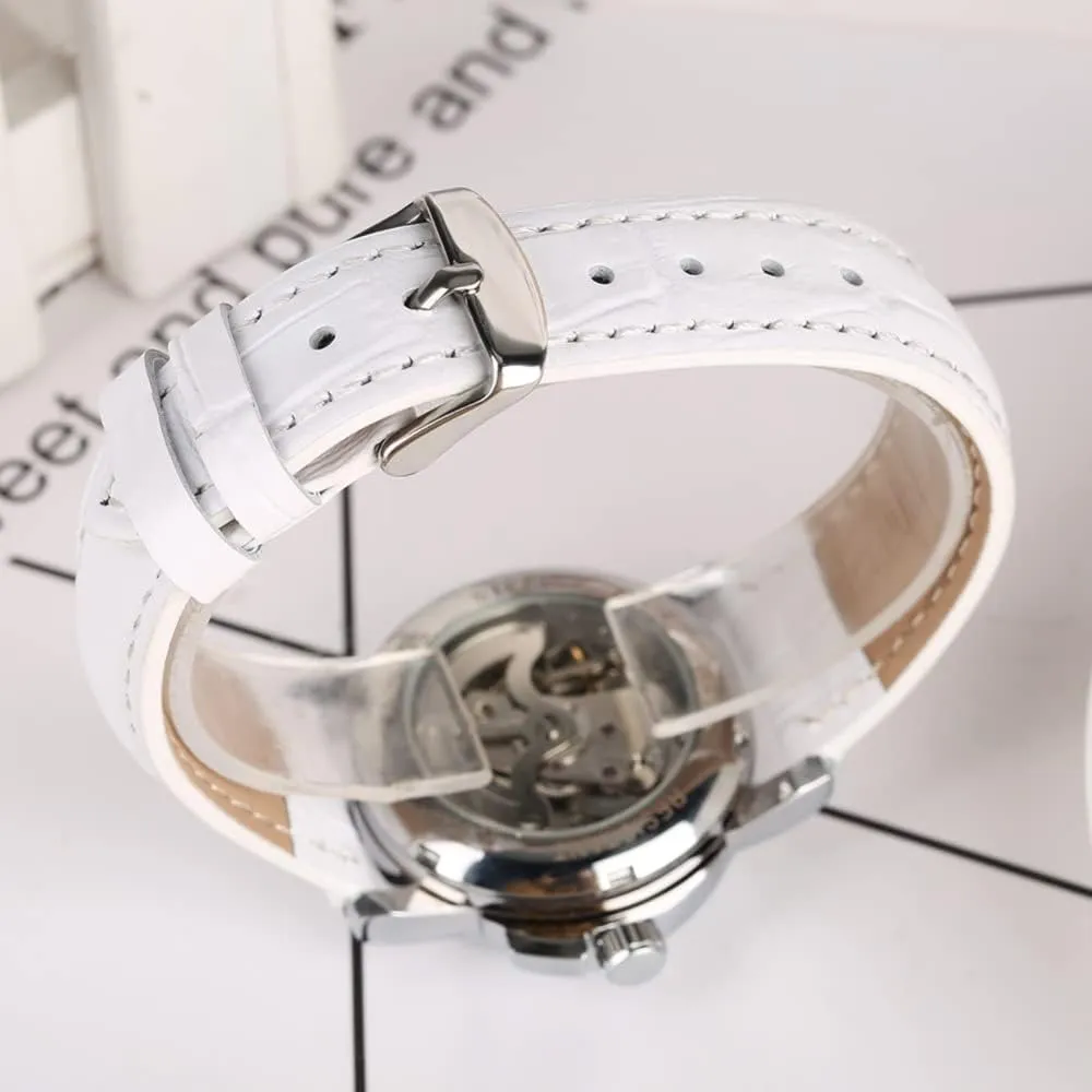 Leather Waterproof Automatic Mechanical Skeleton Watch SENRUD Luxury Women Automatic proudly navigation penal puzzle versus Watch Ladies White 