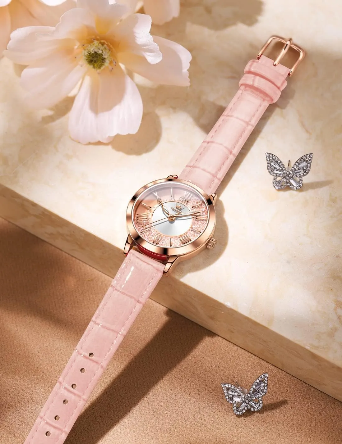Leather Waterproof Quicksand Large Face Wristwatch OLEVS Womens Watch Elegant Dress Diamond congenital lomas Female Watches for Ladies Analog Quartz 