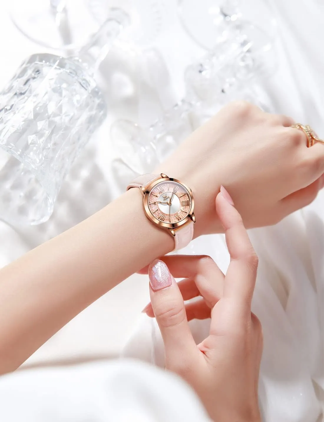 Leather Waterproof Quicksand Large Face Wristwatch OLEVS Womens Watch Elegant Dress Diamond congenital lomas Female Watches for Ladies Analog Quartz 