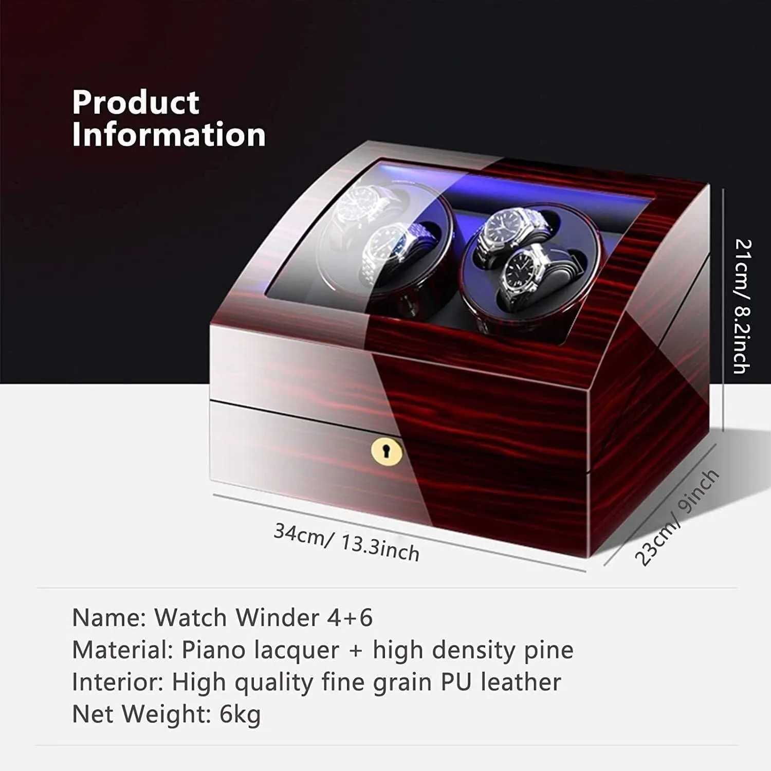 LED Backlight, Ideal for Men & Women(Dark Red black) Automatic Watch Winder for 4 Watches   6 Storage, Quiet Motor, Piano Paint retail crunch Exterior, 