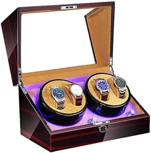 LED Illumination Piano Paint Exterior Super Quiet Motor AC Adapter and Battery Powered Mechanical Watch Shaker Watch Winder for 4 Automatic humorous Watch with 